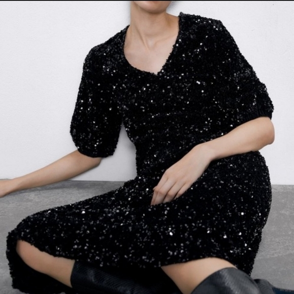 Zara Midi Sequin Dress With Puff Sleeves Black Size S NWT - Picture 7 of 11